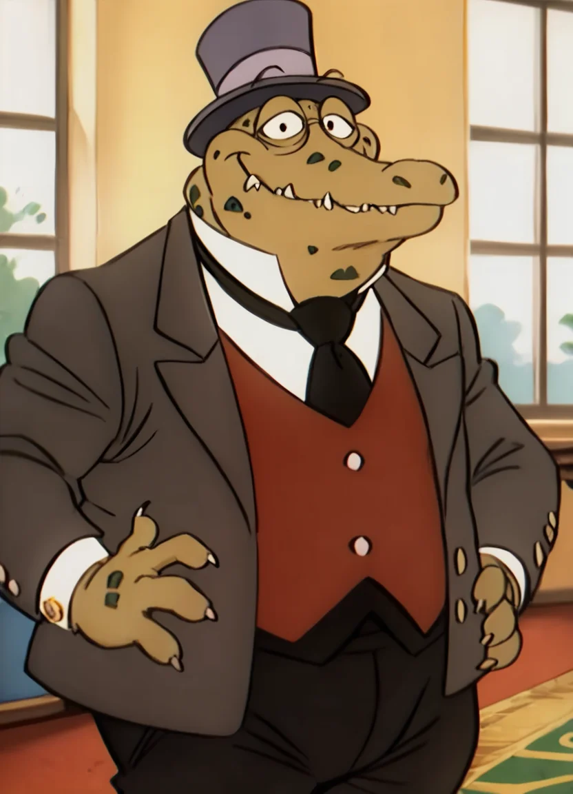 <lora:MayorCrocPony1.0:0.8> mayor croc, formal, suit, 1boy, solo, male focus, top hat, furry, crocodile, green skin, scales, furry male, necktie, teeth, fangs, no humans, vest, score_9, score_8_up, score_7_up, score_6_up, score_5_up, score_4_up, looking at viewer, hand on own hip, cowboy shot,park