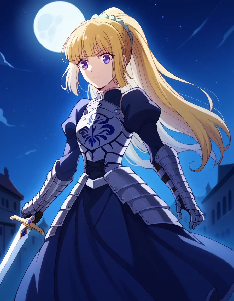 score_9, score_8_up, score_7_up, source_anime, keikaruizawa, <lora:kei-karuizawa-anime-s2-ponyxl-lora-nochekaiser:1>, kei karuizawa, long hair, bangs, blunt bangs, purple eyes, blonde hair, hair ornament, ponytail, scrunchie, blue scrunchie,, <lora:saber-fate-cosplay-ponyxl-lora-nochekaiser:1>, saber \(fate\) \(cosplay\), armor, armored dress, blue dress, breastplate, dress, excalibur \(fate\/stay night\), gauntlets, juliet sleeves, long sleeves, puffy sleeves, sword, weapon,, outdoors, street, night, moon, starry sky, solo,, cowboy shot, dutch angle,