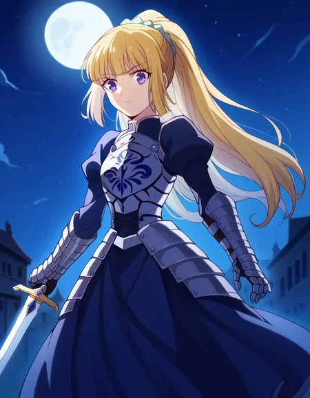 score_9, score_8_up, score_7_up, source_anime, keikaruizawa, <lora:kei-karuizawa-anime-s2-ponyxl-lora-nochekaiser:1>, kei karuizawa, long hair, bangs, blunt bangs, purple eyes, blonde hair, hair ornament, ponytail, scrunchie, blue scrunchie,, <lora:saber-fate-cosplay-ponyxl-lora-nochekaiser:1>, saber \(fate\) \(cosplay\), armor, armored dress, blue dress, breastplate, dress, excalibur \(fate\/stay night\), gauntlets, juliet sleeves, long sleeves, puffy sleeves, sword, weapon,, outdoors, street, night, moon, starry sky, solo,, cowboy shot, dutch angle,