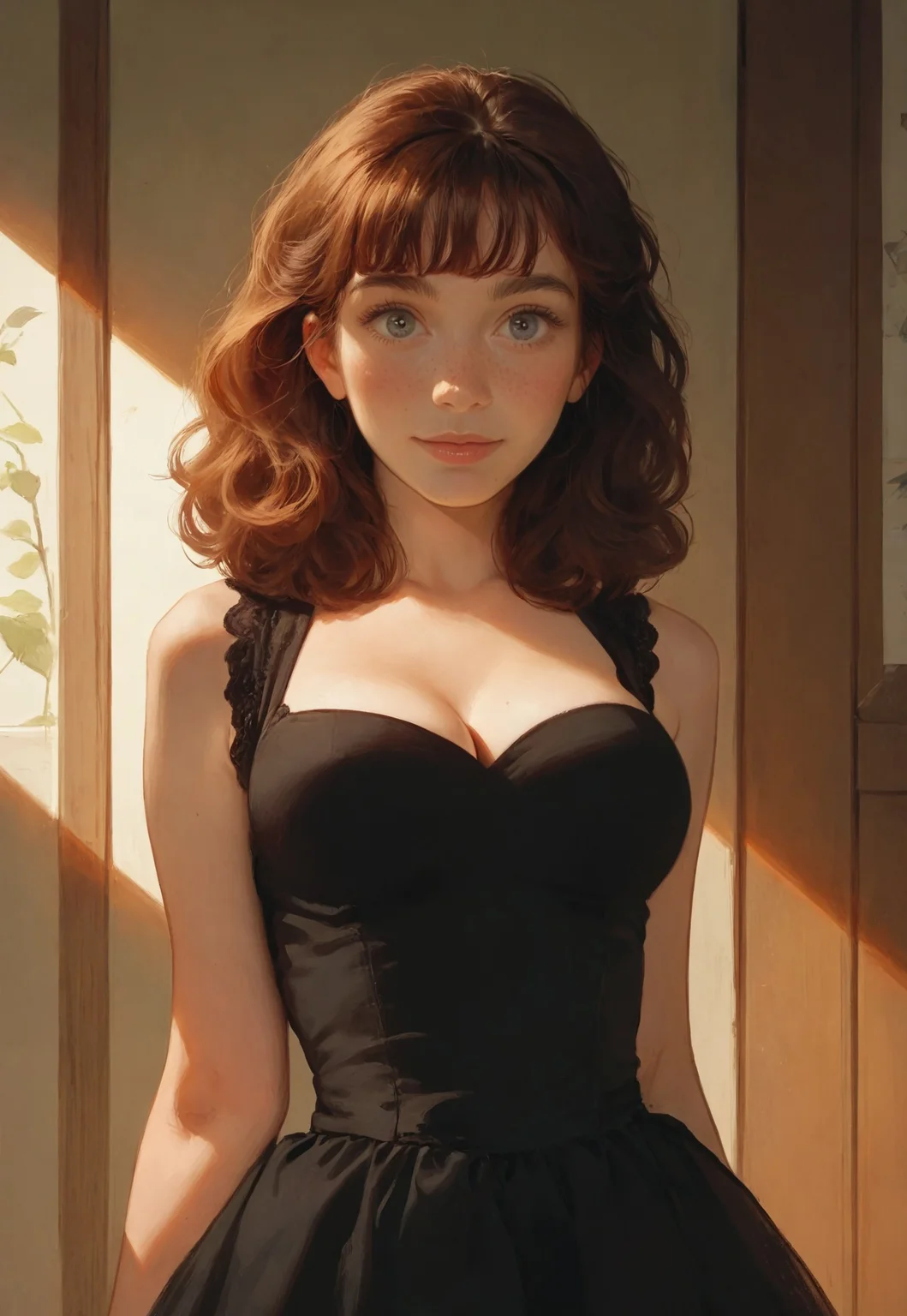 safe_pos, score_9, score_8_up, score_7_up, realistic, a young woman, cute perfect face, dark auburn hair, nerdy, straight bangs with medium length stylish hair, very pretty, fashionable black dress, medium breasts, perfect breasts, hips, thin,(round face:1.2), pretty smile, cleavage,