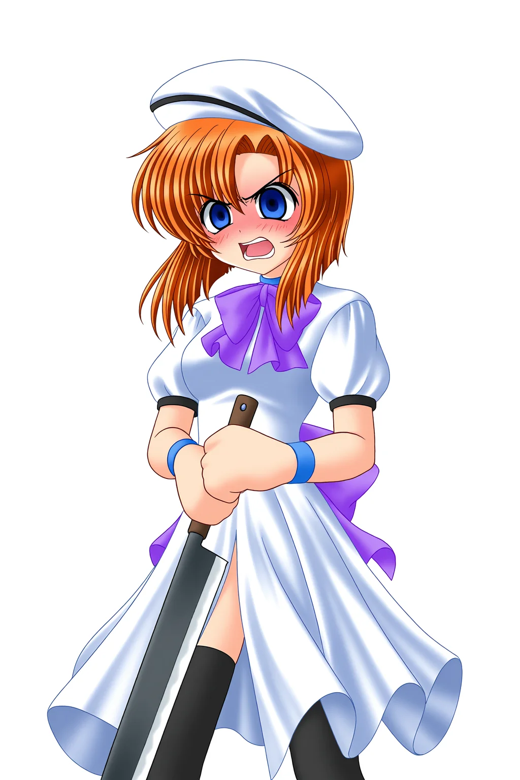 higurashiog, 1girl, solo, blush, open mouth, short hair, blue eyes, dress, thighhighs, hat, bow, weapon, short sleeves, black thighhighs, chibi, orange hair, beret, transparent background, wristband, angry, crazy, holding weapon, nata (tool), ryuuguu rena, 
(masterpiece, best quality, absurdres, highres), very awa, 