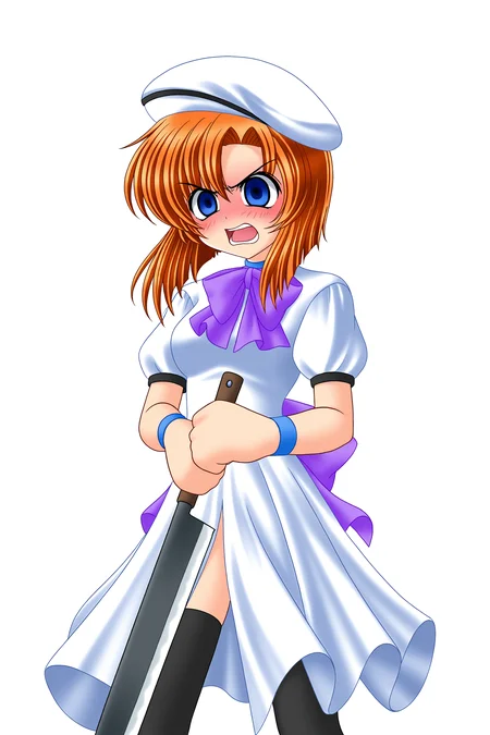 higurashiog, 1girl, solo, blush, open mouth, short hair, blue eyes, dress, thighhighs, hat, bow, weapon, short sleeves, black thighhighs, chibi, orange hair, beret, transparent background, wristband, angry, crazy, holding weapon, nata (tool), ryuuguu rena, 
(masterpiece, best quality, absurdres, highres), very awa, 