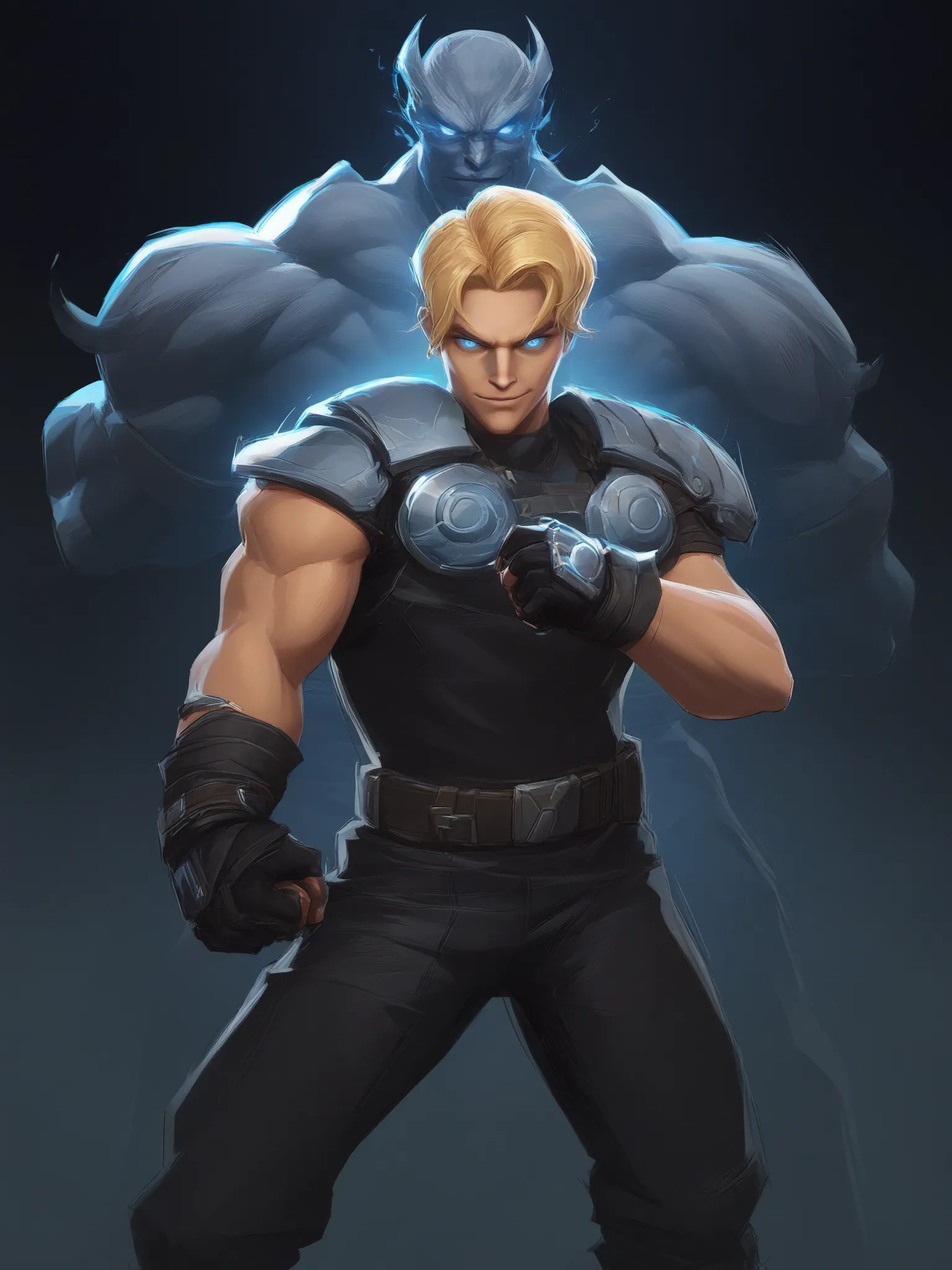 1girl, standing, looking at viewer, masterpiece, best quality, high score, 
 <lora:Marvel_Rivals_Concept_Art_Style:1>,1boy, male focus, holding weapon, muscular male, glowing eyes, fingerless gloves, closed mouth, smile, black gloves, belt, jewelry, blue eyes, shoulder armor, clenched hand, manly