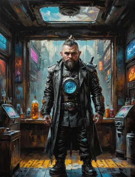 Oil painting of a oil painting of a futuristic dwarf warrior, black shirt, long coat, cyberpunk bar, large window background, hyper realistic, super detailed, Science Fiction, trending on art station, tb, <lora:ThickBrush:0.5> <lora:drkkaw_epoch_10:0.5>