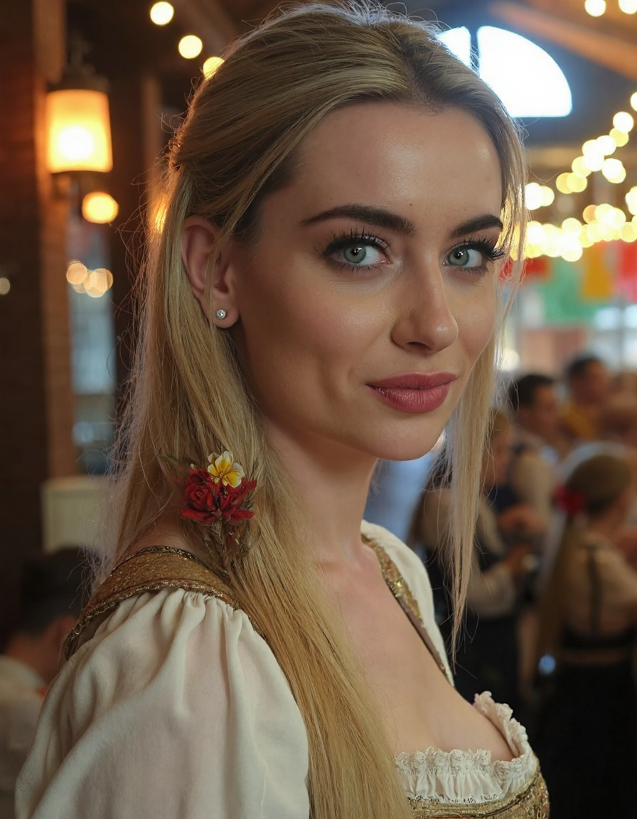 **Prompt:**
A woman  stands proudly in front of a traditional Bavarian backdrop, her long braid cascading down her back like a waterfall. She wears a intricately detailed dirndl attire, complete with delicate lace and embroidery, perfectly capturing the essence of Oktoberfest. Side view.
The camera captures her from a 45-degree angle, emphasizing her slender neck and shoulders as she gazes directly at the viewer. Soft, warm light from a nearby lantern casts a flattering glow on her skin, accentuating her high cheekbones and full lips.
In the background, the real Oktoberfest festivities unfold: revelers in traditional attire dance and sing around tables laden with steins of beer, while others play lively tunes on accordions and brass instruments. The atmosphere is electric, with vibrant colors and sharp lines that create a sense of depth and dimensionality.
As the camera lingers, it becomes clear that this woman is not just any festival-goer â she's the star of the show. Her dirndl attire is immaculately detailed, from the intricate patterns on her apron to the delicate flowers in her hair. Every stitch, every thread, every detail is meticulously rendered, creating a photorealistic masterpiece.
In a stunning double exposure effect, the woman's image is superimposed over a blurred background of revelers and festivities, creating an otherworldly sense of presence. The result is a truly cinematic scene that transports the viewer to the heart of Oktoberfest.
**Technical Specifications:**
* Resolution: 16k UHD
* Aspect Ratio: 1:1
* Frame Rate: 24fps
* Color Space: Rec. 2020
* Lighting: Soft, warm natural light with subtle highlights and shadows
This image is a true masterpiece, showcasing the artist's skill and attention to detail in capturing the essence of Oktoberfest. With its ultra-sharp lines, intricate details, and photorealistic quality, it's sure to be an award-winning work that leaves a lasting impression on all who see it.