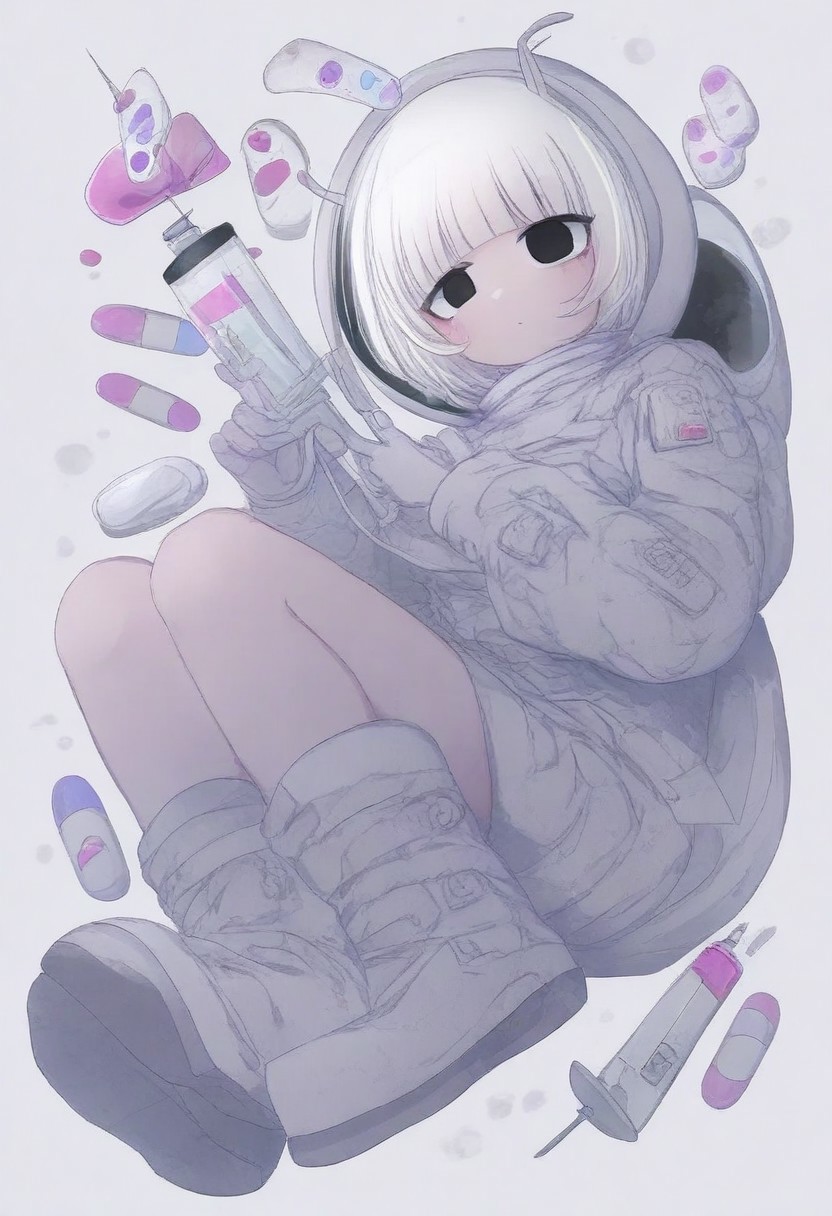 lazypos, girl focus, 1girl, antennae, solo, blunt bangs, white background, white hair, space helmet, black eyes, boots, syringe, short hair, pill, holding, simple background