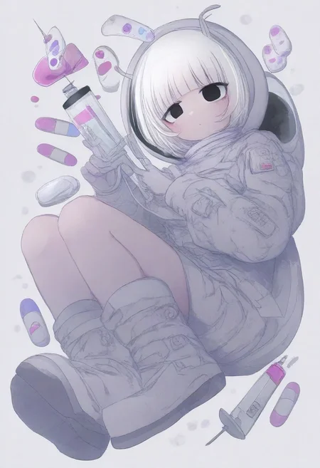 lazypos, girl focus, 1girl, antennae, solo, blunt bangs, white background, white hair, space helmet, black eyes, boots, syringe, short hair, pill, holding, simple background
