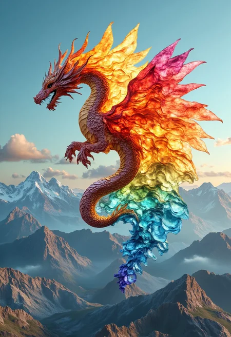 A wide-angle shot of a majestic dragon soaring over a mountainous landscape, its wings made of transparent, glass-like material that refracts sunlight into a dazzling array of rainbow colors. The dragon’s shimmering scales reflect the golden light of the setting sun, while its enormous glass wings throw vibrant, multicolored shadows on the mountains below. As it glides through the sky, the wings ripple like liquid glass, bending and twisting light with every movement, creating an ethereal, almost surreal spectacle in the vast, open sky.