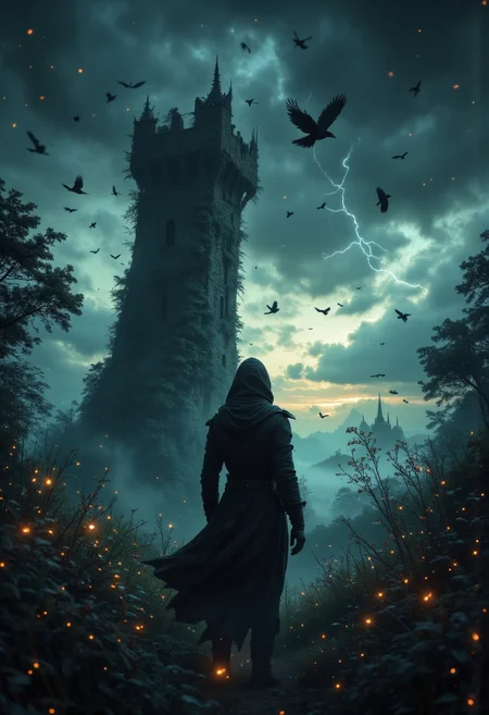 Bring to life an evocative dark fantasy illustration that immerses the viewer in an atmosphere of haunting wonder. Picture a desolate moor at twilight, where the air is thick with an otherworldly fog, softly illuminated by the eerie glow of ghostly will-o'-the-wisps. In the foreground, a dilapidated tower stands resolute, ivy-clad and sagging under the weight of time.
Black crows circle ominously above, their cries piercing the deep stillness. Silhouetted against the landscape, a solitary figure clad in a hooded cloak gazes toward the horizon, where a tempest rages, casting flashes of silver light across the scene. The color palette should feature somber blues, muted blacks, and sparks of haunting greens and yellows, imbuing the illustration with a sense of both despair and mystery. This scene should evoke emotions of curiosity, fear, and intrigue, inviting viewers to contemplate the secrets hidden within the shadows.aidmaimageupgrader,Midjourney_Whisper,aidmaMJ6.1