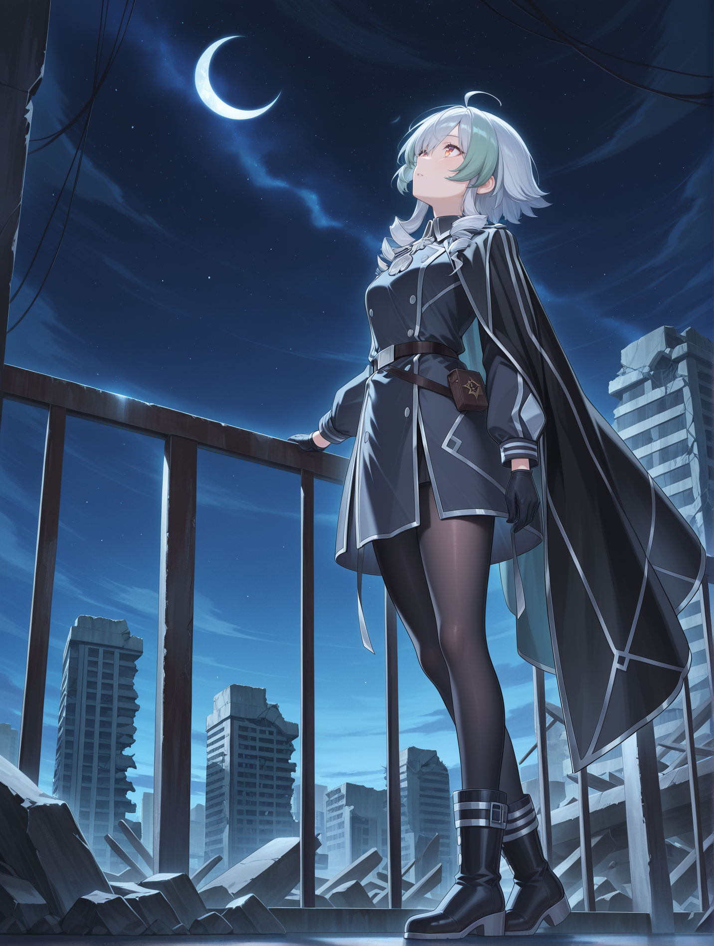 1girl,sky striker ace - camellia,black military uniform,right side cape,black pantyhose,black boots,black gloves,solo,railing,from below,rooftop,building,outdoors,standing,silver medal,crescent moon,night sky,hand on railing,looking up,ruins,
masterpiece,best quality,amazing quality,very aesthetic,absurdres,newest,<lora:sky striker ace - camellia and azalea illusXL v2:0.75>,