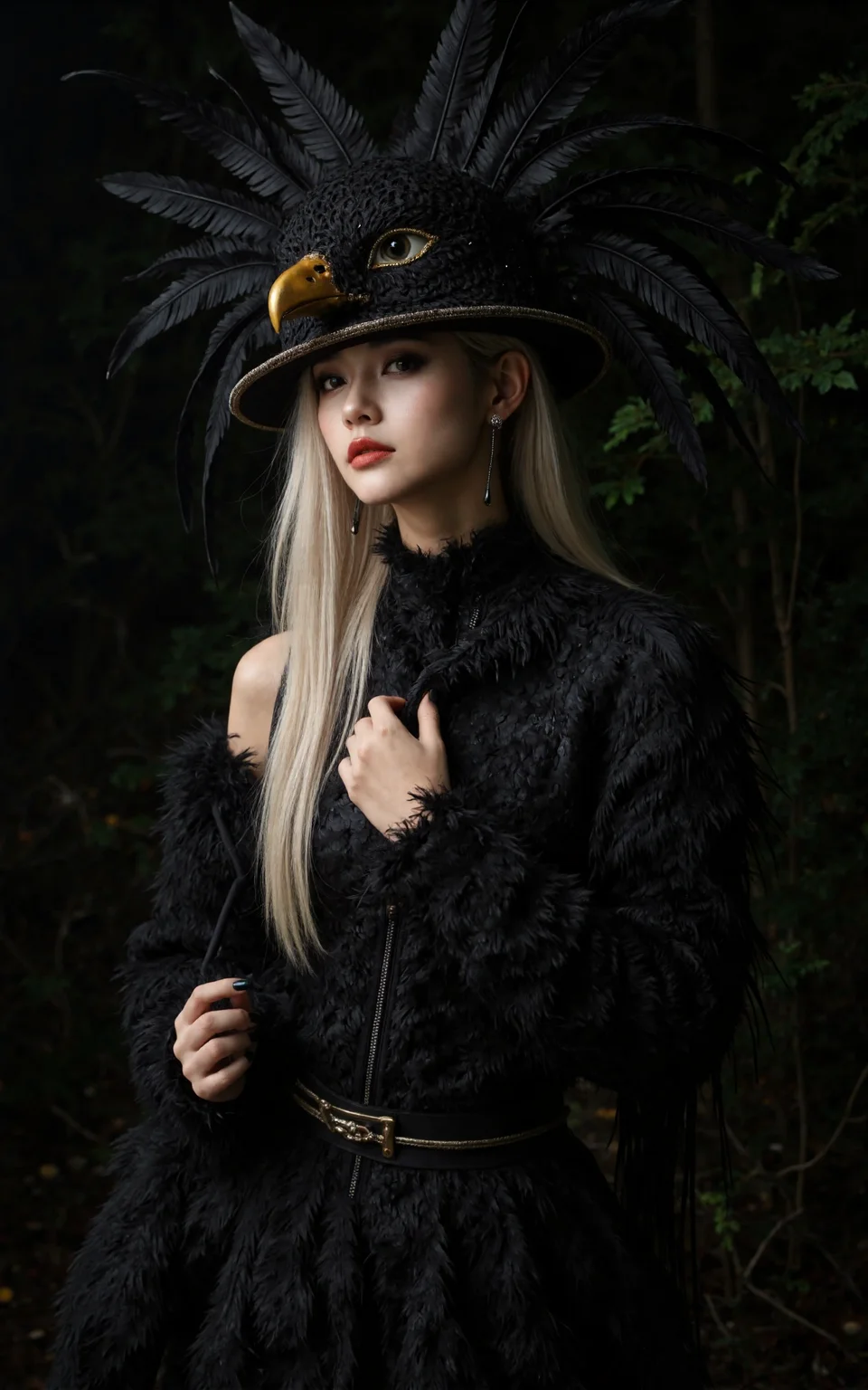 japanese supermodel, long platinum hair, dark eyeshadow, red lips, wearing a masquerade costume, with a hat fashioned out of feathers to resemble an eagle's head, and a feathered dress, dark background, silhouetted, chiascuro, midjourney_whisper_avant_couture,
XUER INS style,1girl,solo,looking at viewer,extremely beautiful skin,natural skin texture,big breasts,earrings,
highly detailed,ultra-high resolution,32K UHD,sharp focus,best-quality,masterpiece,unconventional supreme masterpiece,masterful details,depth of field,blurry background,blurry foreground,motion blur,going really fast masterpiece,deep focus,
color graded cinematic,atmospheric lighting,award film grain,A shot with tension,(Visual impact,giving the poster a dynamic and visually striking appearance:1.2),impactful picture,