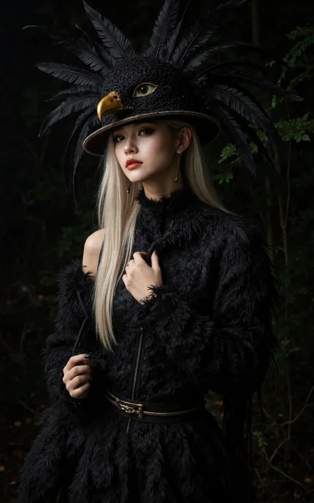 japanese supermodel, long platinum hair, dark eyeshadow, red lips, wearing a masquerade costume, with a hat fashioned out of feathers to resemble an eagle's head, and a feathered dress, dark background, silhouetted, chiascuro, midjourney_whisper_avant_couture，

XUER INS style,1girl,solo,looking at viewer,extremely beautiful skin,natural skin texture,big breasts,earrings,

highly detailed,ultra-high resolution,32K UHD,sharp focus,best-quality,masterpiece,unconventional supreme masterpiece,masterful details,depth of field,blurry background,blurry foreground,motion blur,going really fast masterpiece,deep focus,
color  graded cinematic,atmospheric  lighting,award  film grain,A shot with tension,(Visual impact,giving the poster a dynamic and visually striking appearance:1.2),impactful picture,

