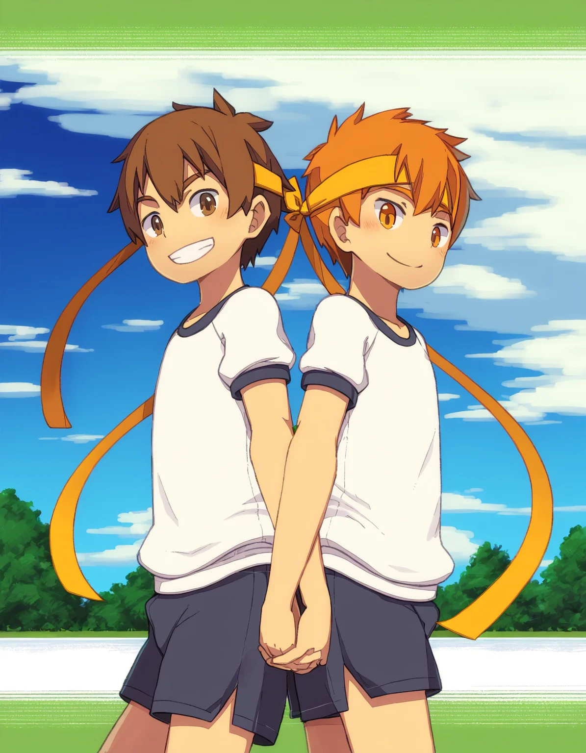 good quality, steelwire-style, outdoors, from side, 2boys, orange hair, orange eyes, brown hair, brown eyes, smile, gym uniform, gym shirt, gym shorts, ribbon headband, standing, back-to-back, holding hands, looking at viewer <lora:steelwire_naiXL_v1Nd-ShoAI:1>