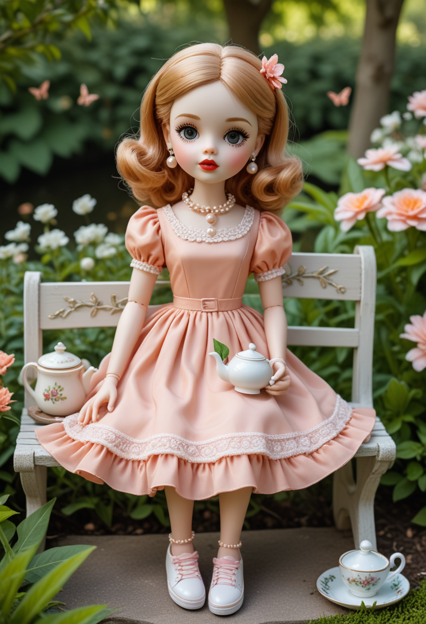 (medium full shot) of (whimsical doll)  dressed in a peach vintage dress, cute sneakers, glossy lips, pearl earrings, having a tea party, located in  a peaceful garden, featuring serene ponds, gentle flowers, fluttering butterflies, tranquil benches, in the afternoon, Masterpiece,best quality, photo, realistic, very aesthetic,