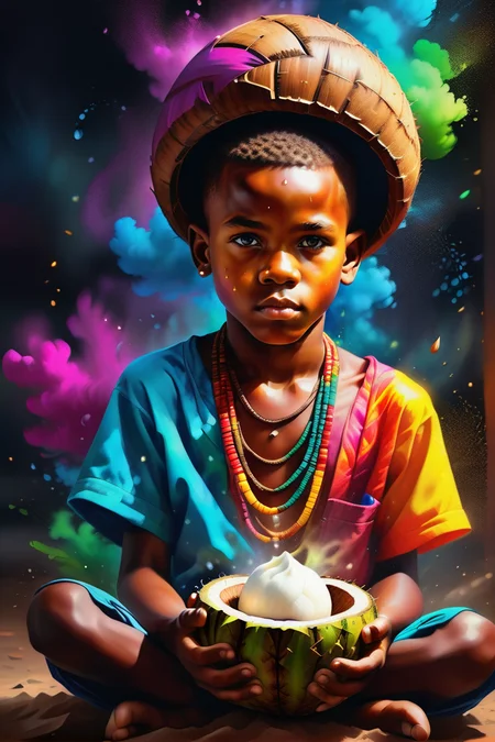 Psychedelic style A prize-winning photograph capturing the essence of a young African boy, holding a coconut shell as he collects rainwater drops. The boy's direct gaze and close-up perspective reveal his determination and resourcefulness in harnessing nature's gift. (Resilient Spirit:1.3), (Rainwater Collection:1.2), (Candid Encounter:1.4), (Close-Up Connection:1.2), photography inspired by Steve McCurry and Jimmy Nelson., (masterpiece, best quality:1.5), (masterpiece,best quality:1.5), Mystical, Robert Motherwell, bokeh, glowing, style of chalkdust, <lora:ChalkDustStyleSDXL:1.2>, (masterpiece,best quality:1.5) . Vibrant colors, swirling patterns, abstract forms, surreal, trippy