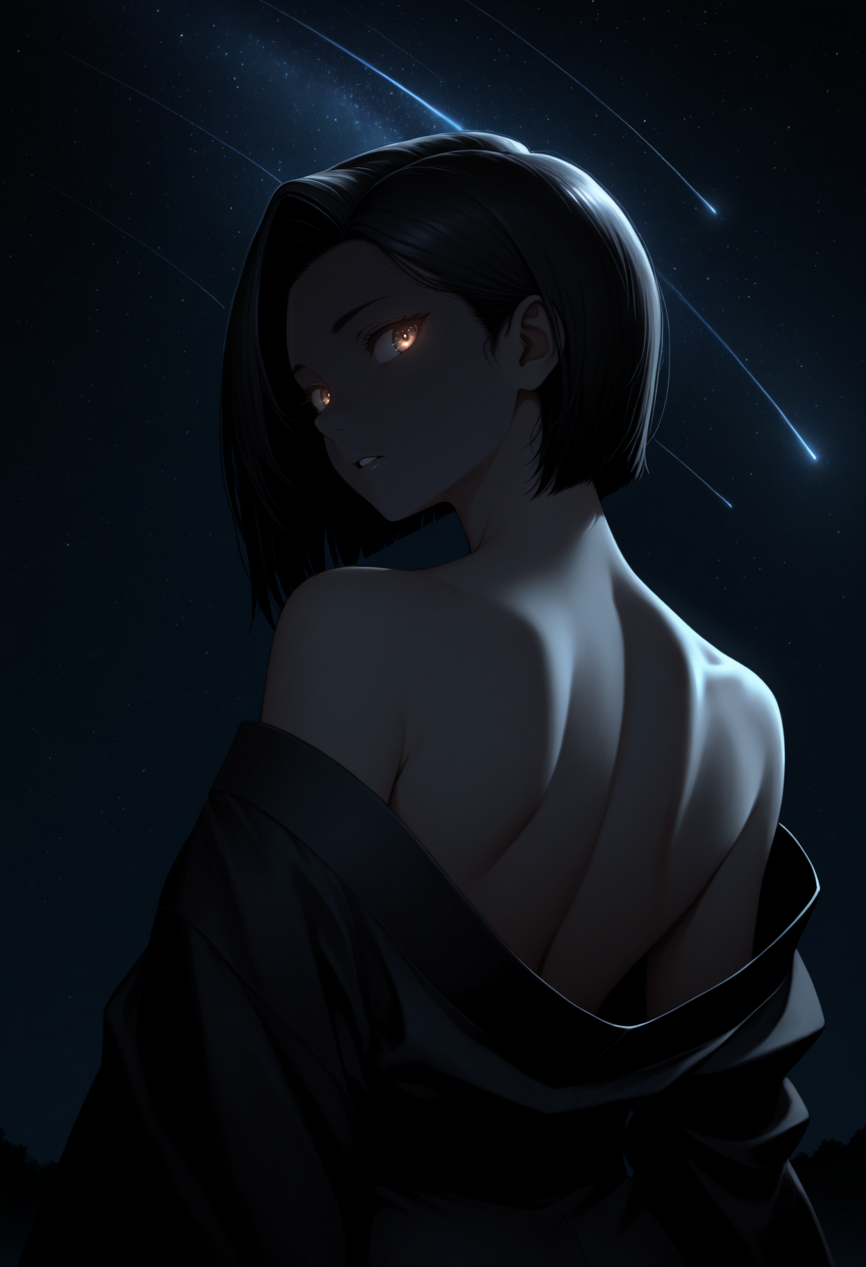 masterpiece, best quality, 1girl, solo, brown eyes, black hair, short hair, asymmetrical bangs, from behind, black kimono, off shoulder, shoulder blades, looking back, parted lips, night, dark theme, high contrast, glowing eyes, starry sky, shooting star, <lora:ChamYamadaSanaeNoob:1>