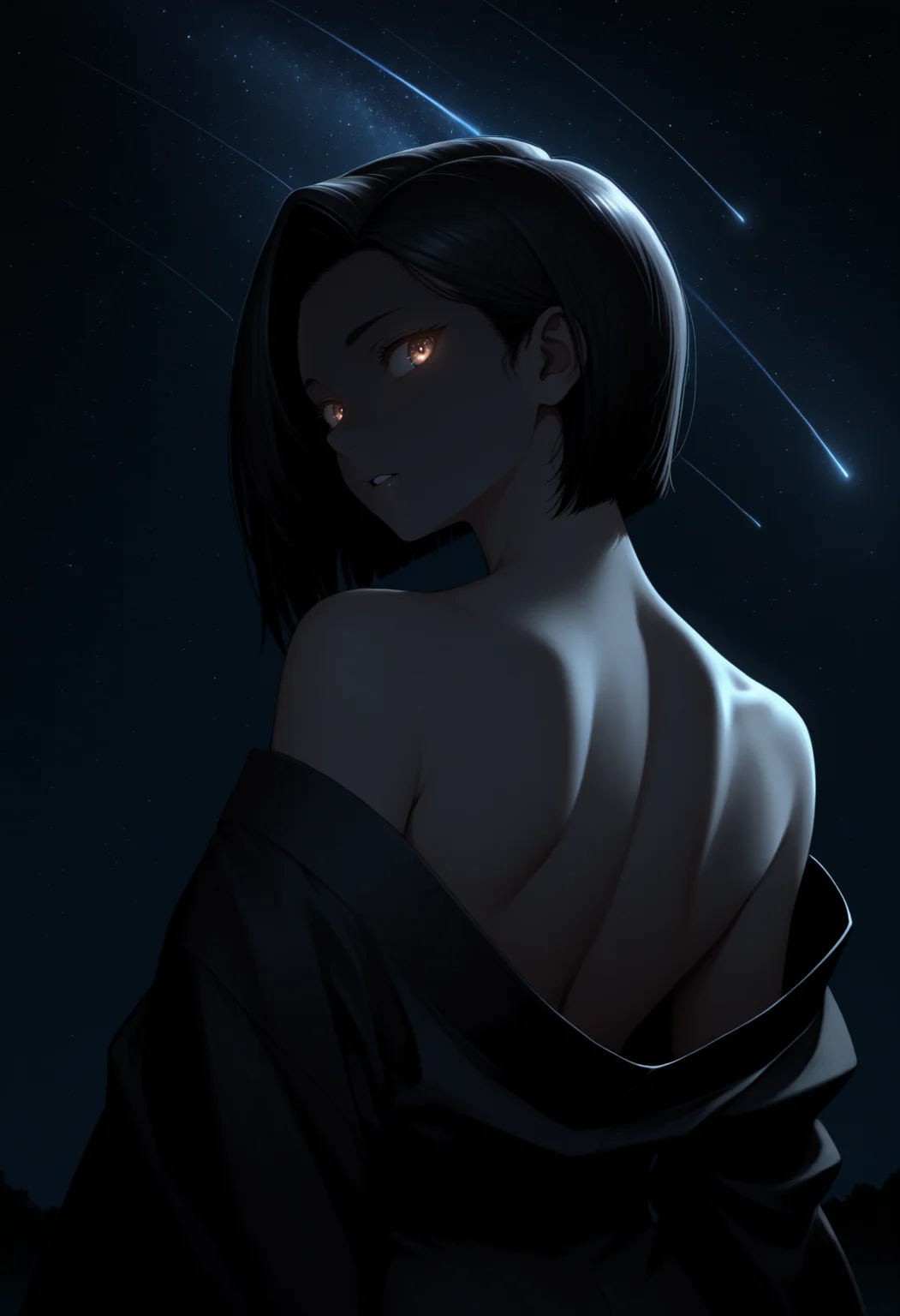masterpiece, best quality, 1girl, solo, brown eyes, black hair, short hair, asymmetrical bangs, from behind, black kimono, off shoulder, shoulder blades, looking back, parted lips, night, dark theme, high contrast, glowing eyes, starry sky, shooting star, <lora:ChamYamadaSanaeNoob:1>