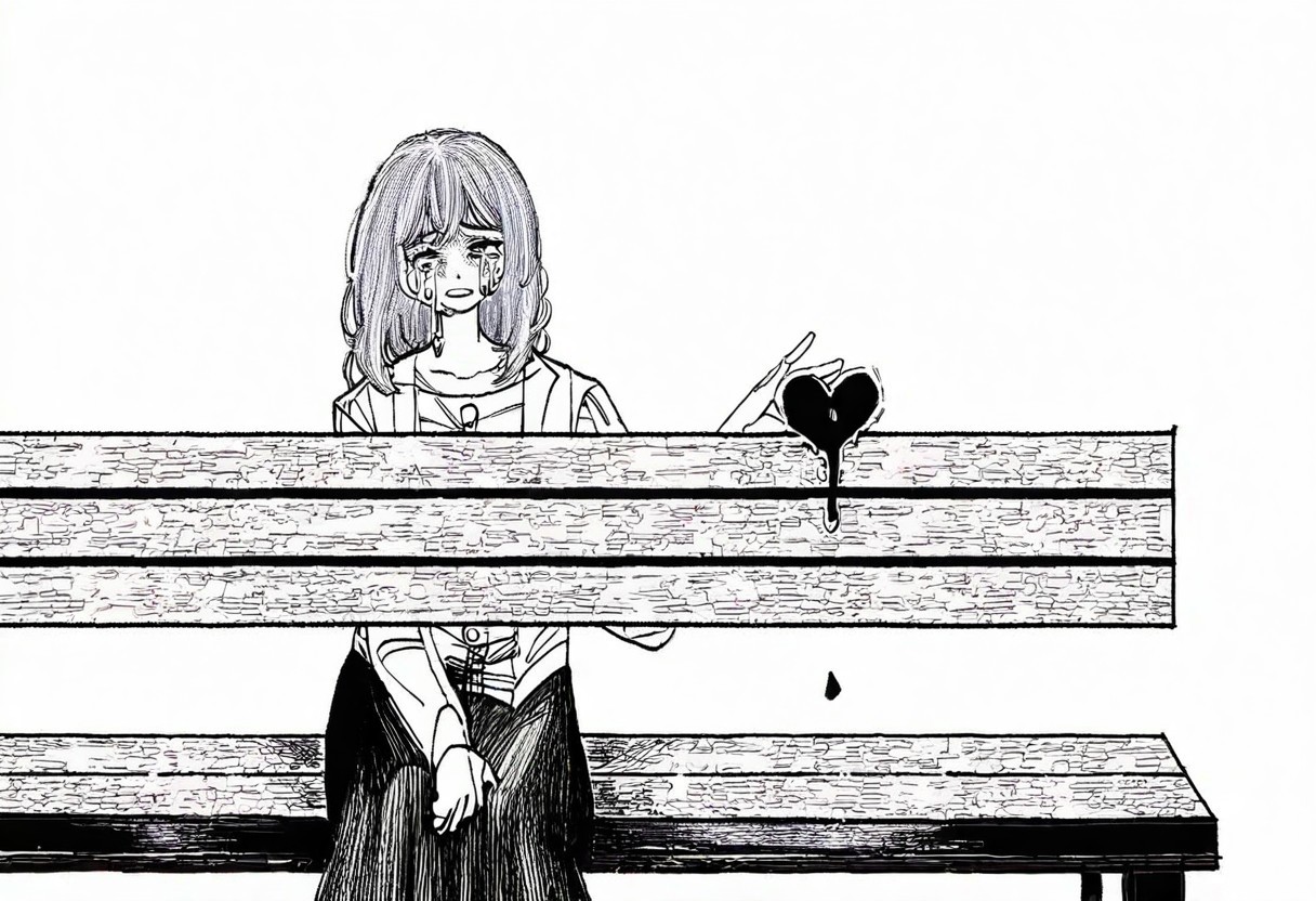 1 woman, 1 woman, sitting on a bench, separated, looking away from each other, hand passing a heart, heart in the middle, tears