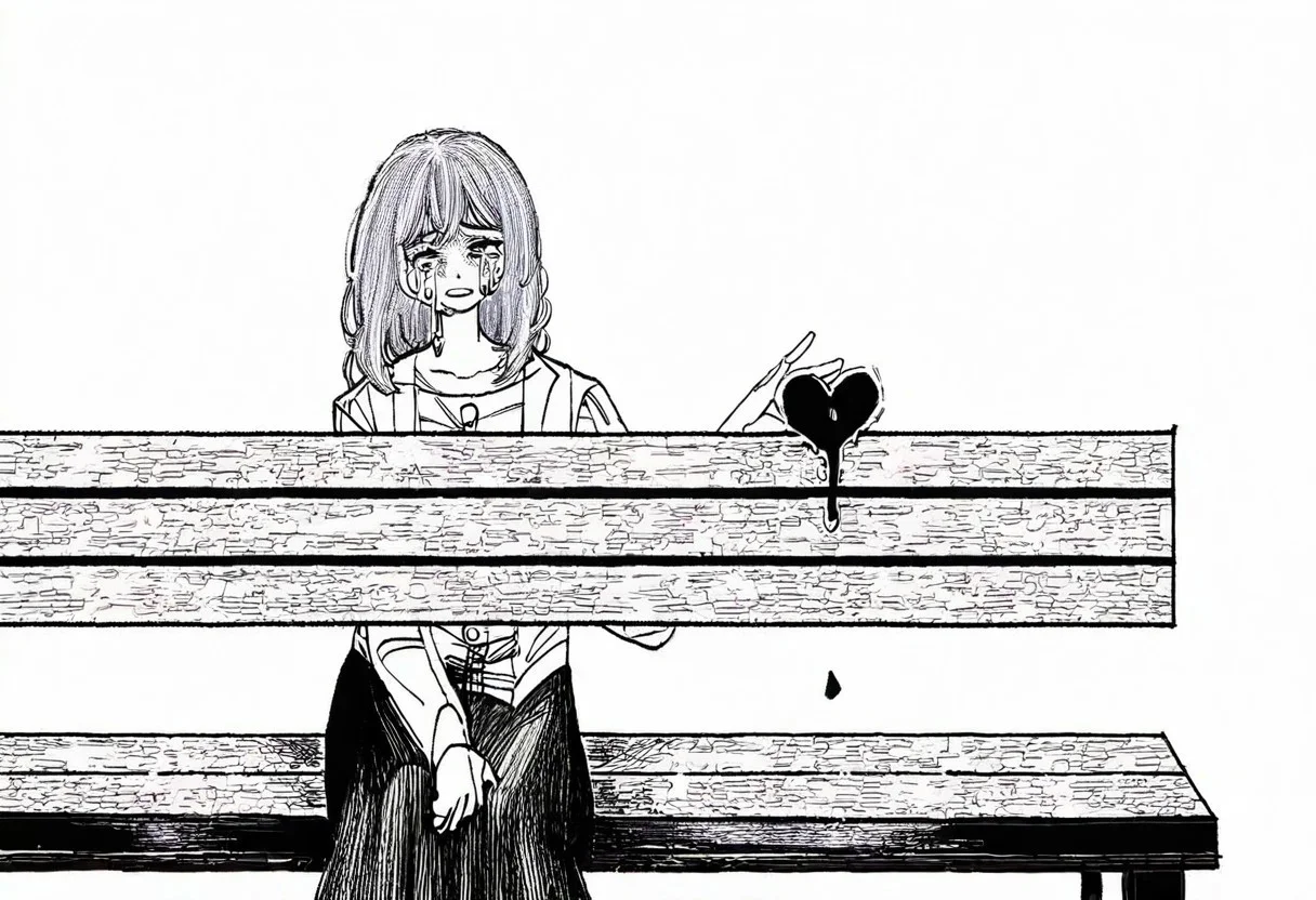1 woman, 1 woman, sitting on a bench, separated, looking away from each other, hand passing a heart, heart in the middle, tears