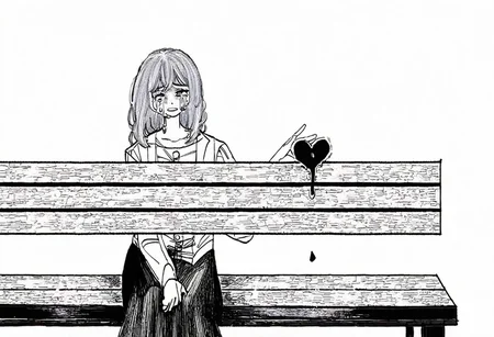 1 woman, 1 woman, sitting on a bench, separated, looking away from each other, hand passing a heart, heart in the middle, tears