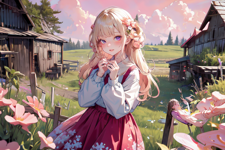 (otherworldly), highly insanely detailed, masterpiece, top quality, best quality, highres, 4k, 8k, RAW photo, (very aesthetic, beautiful and aesthetic), farm, fields, barn, fence, fantfa, <lora:FantasyFarm-10:0.6>, 
1girl, 
(ivory hair ,split-color hair,dual-toned hair,two-tone hair), 
(floral print background,soft purple background,coral pink background ),âââ