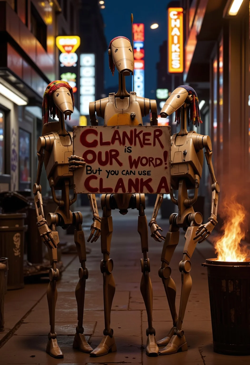 A photorealistic scene of 3-4 Star Wars battle droids standing in a gritty urban ghetto setting, with cracked pavement, graffiti-covered walls, and flickering neon signs in the background. The droids are decked out in gangsta apparel—baggy jerseys, oversized gold chains, and colorful durags tied tightly around their metallic heads. One droid, slightly taller, holds a weathered sign that reads "Clanker is OUR word! But you can use Clanka" in bold, spray-painted letters. The atmosphere is tense yet humorous, with trash cans smoldering nearby and a hazy, orange streetlight glow casting dramatic shadows. Ultra-detailed, cinematic lighting, sharp contrasts, blending sci-fi with urban culture in a surreal, rebellious vibe