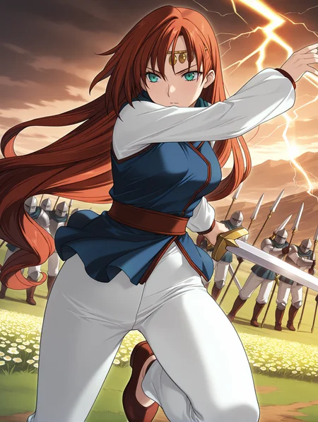 masterpiece,best quality,newest,
1girl,solo,
<lora:elenoa_ilxl_v2.9:1>,elenoa,(e_circlet:1.2),red hair,very long hair,green eyes,e_02clothes,long_sleeves,white sleeves,blue clothes,white pants,red shoes,holding sword,e_sword,
<lora:Fixhands_anime_bdsqlsz_V1:1>,
magic,orb,((lightning strike:1.2)),have a sword,
BREAK
blood,blood on clothes,flower,polearm,holding weapon,field,outdoors,spear,solo focus,6+boys,battlefield,motion_blur,lens_flare,knight,landscape,sword,