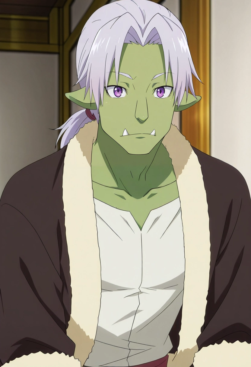 masterpiece, best quality, , anime screencap, anime coloring, official style,, 1boy, solo, male focus, <lora:rigur_tensura_ilxl:0.94>, rigur_tensura, grey hair, purple eyes, pointy ears, colored skin, green skin, goblin, , tusks, ponytail, ,