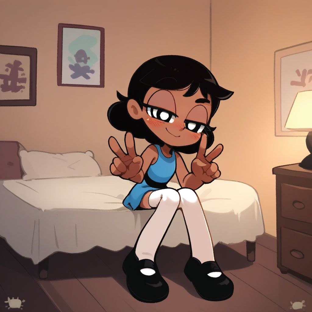 score_9, score_8_up, score_7_up, score_6_up, score_5_up, score_4_up, BREAK, source_anime, connie_maheswaran, indoors, black hair, small breasts, black footwear, white thighhighs, smile, smug, blush, blue top, sleeveless, blue miniskirt, peace sign, pantsless, powerpuff, dark-skinned female, 1girl, sitting, indoors, living room, on bed,