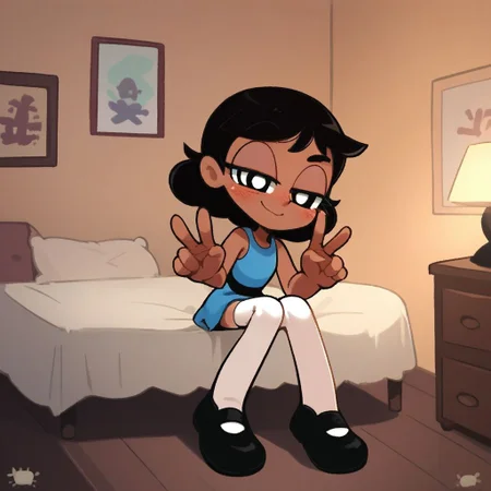 score_9, score_8_up, score_7_up, score_6_up, score_5_up, score_4_up, BREAK, source_anime, connie_maheswaran, indoors, black hair, small breasts, black footwear, white thighhighs, smile, smug, blush, blue top, sleeveless, blue miniskirt, peace sign, pantsless, powerpuff, dark-skinned female, 1girl, sitting, indoors, living room, on bed,
