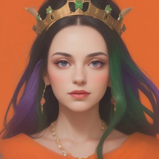 Portrait of a beautiful Queen.
Orange, red, green, purple colors only.