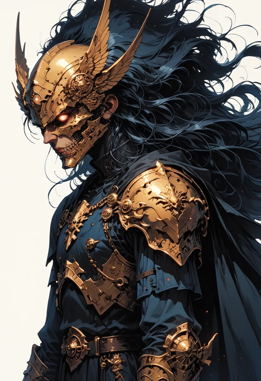 score_9, score_8_up, score_7_up, 1boy, very long hair, mask, black hair, mask, side view, hair ornament, simple background, white background, holding staff, cowboy shot, black cape, floating hair, spot color, armor, helmet, shoulder armor, all black attire, glistening, gauntlets, pauldrons, breastplate, full armor, ambiguous gender, flat, retro, dated, f3nn3r, dark theme, gloomy, <lora:sdxl_lightning_8step_lora:1> <lora:Art_Adams_Style_Pony_XL:0.4> <lora:Dark_Anime:0.2> <lora:glowneon_xl_v1:0.4> <lora:nostalgia-000011:0.4> <lora:Sinozick2:0.4> <lora:f3nn3rXLP:0.5> <lora:GRIM_v1:0.2>