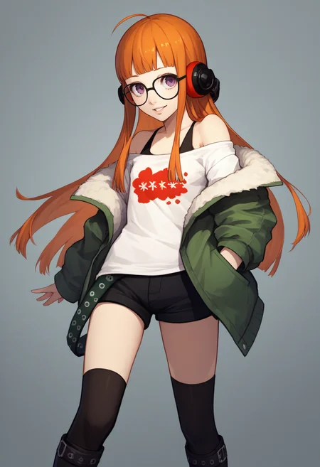 score_9, score_8_up, score_7_up, source_anime BREAK 1girl, solo, standing, <lora:zs_FutabaXL:1> futabadef, orange hair, long hair, blunt bangs, glasses, ahoge, purple eyes, behind-the-head headphones, white shirt, green fur-trimmed jacket, off shoulder jacket, black shorts, black thighhighs, black knee boots, looking at viewer, smile, parted lips,