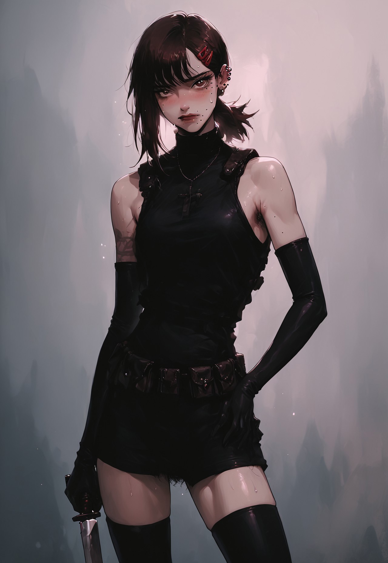 safe_pos, safe_pos, score_9, score_8_up, score_7_up, source_anime, kobenidef, mole under eye, mole under mouth, single sidelock, short ponytail, hairclip, brown hair, brown eyes,  shoulder holster, utility belt, wearing_nbu, black gloves, elbow gloves, black thighhighs, holding combat knife, 1girl,  piercings,  toned, excessive pubic hair,  hairy stomach, hairy armpits, happy trail, slender, thin, skinny, embarrassed, blushing, sexy posing, sweating, <lora:KLK_NudistBeach-IL:0.8>