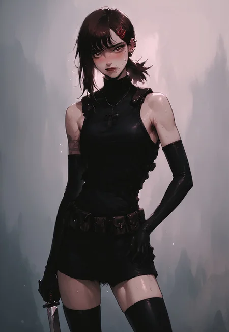 safe_pos, safe_pos, score_9, score_8_up, score_7_up, source_anime, kobenidef, mole under eye, mole under mouth, single sidelock, short ponytail, hairclip, brown hair, brown eyes,  shoulder holster, utility belt, wearing_nbu, black gloves, elbow gloves, black thighhighs, holding combat knife, 1girl,  piercings,  toned, excessive pubic hair,  hairy stomach, hairy armpits, happy trail, slender, thin, skinny, embarrassed, blushing, sexy posing, sweating, <lora:KLK_NudistBeach-IL:0.8>