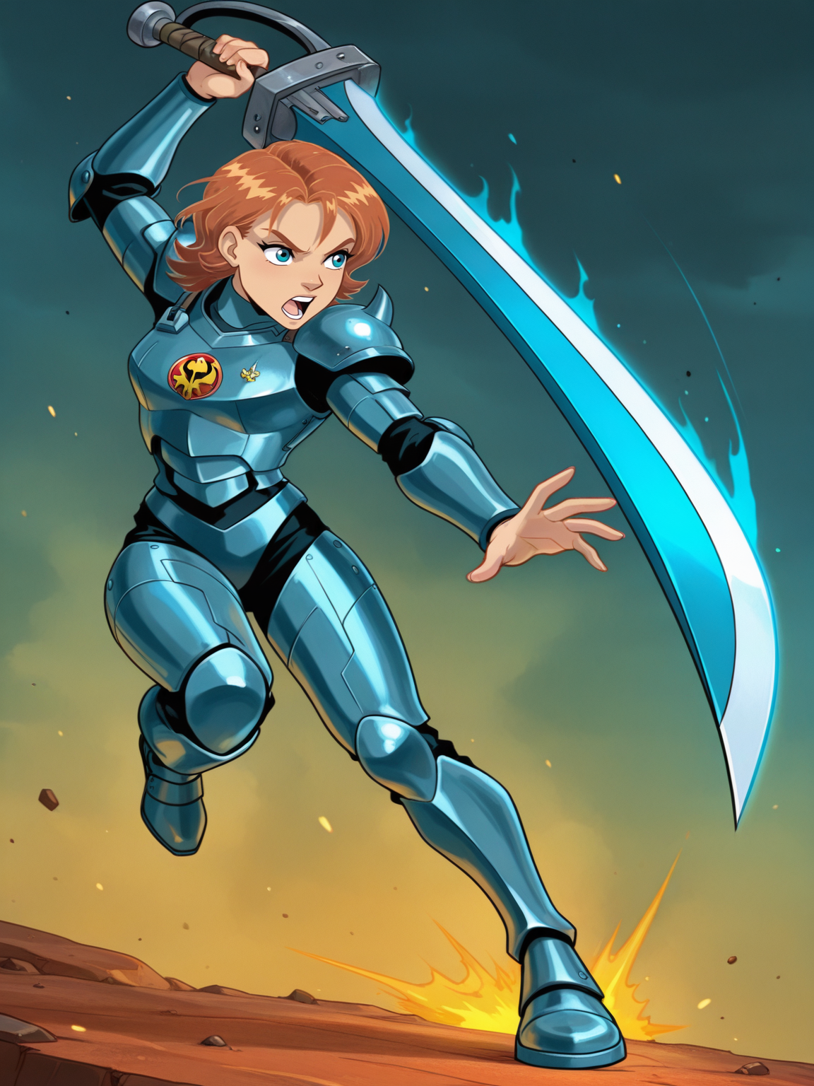 <lora:irmaIL:0.9> ir_ma, 1girl, auburn hair, short hair, slightly wavy hair, greenish-blue eyes, 
gigantic sword, steel armor,glowing liens, action, full body, glowing background
