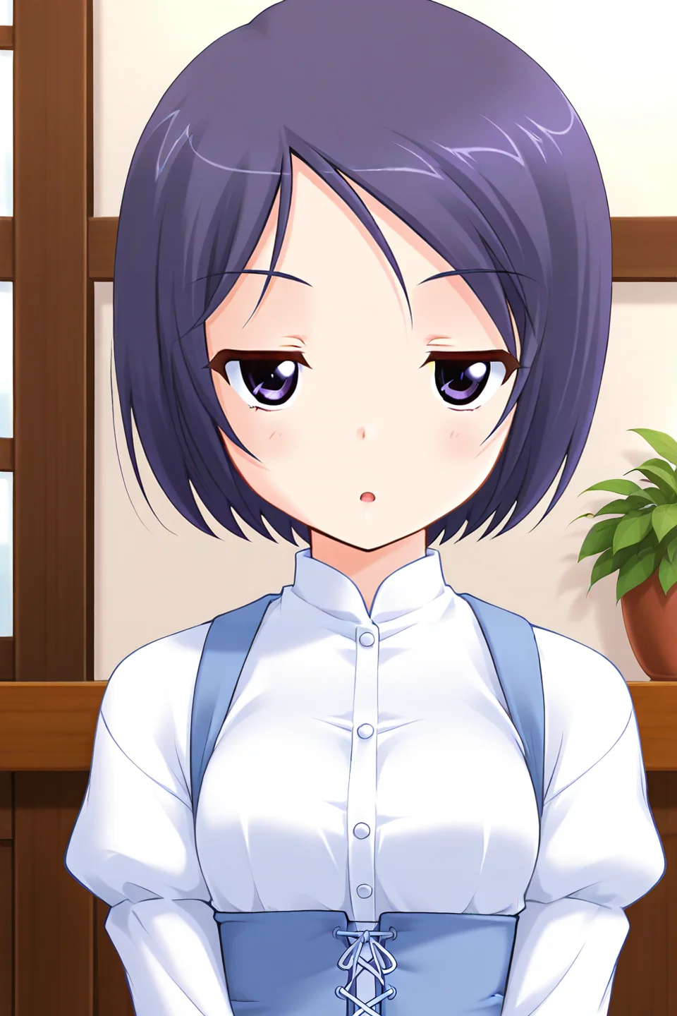masterpiece, best quality, absurdres, official art, official style, rating general BREAK <lora:katsurazawahonami_IL_v1-2:0.7>, katsurazawa honami, 1girl, solo, purple eyes, purple hair, short hair, bob cut, parted bangs, swept bangs, small breasts BREAK casual, blouse, white shirt, dress shirt, collared shirt, underbust, buttons, juliet sleeves, blue dress, blue corset, cross-laced corset, standing, portrait, close-up, indoors, cafe,
blush, :o, jitome, light frown, looking at viewer, open mouth, parted lips