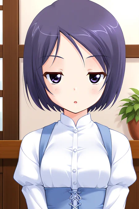 masterpiece, best quality, absurdres, official art, official style, rating general BREAK <lora:katsurazawahonami_IL_v1-2:0.7>, katsurazawa honami, 1girl, solo, purple eyes, purple hair, short hair, bob cut, parted bangs, swept bangs, small breasts BREAK casual, blouse, white shirt, dress shirt, collared shirt, underbust, buttons, juliet sleeves, blue dress, blue corset, cross-laced corset, standing, portrait, close-up, indoors, cafe,
blush, :o, jitome, light frown, looking at viewer, open mouth, parted lips
