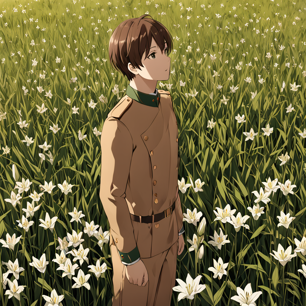 1boy,brown hair,short hair,field,Lilly,masterpiece,high quality,detailed,(brown tatenokai567:1.3),<lora:ShieldLoraXL-000009:1>