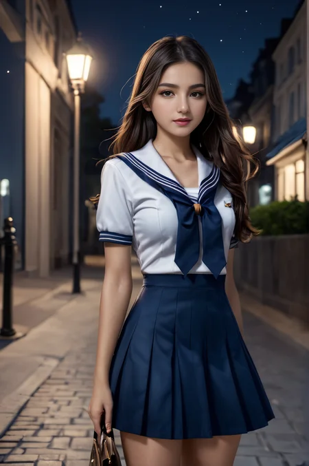 <lora:SH_ModelV2:0.8>, (night:1.5), street, (skinny legs:1.1), ultra realistic,32k, (masterpiece:1.2), (high detailed skin:1.1), 8k uhd, dslr, high quality, long hair, school uniform, sailor dress, blue dress,