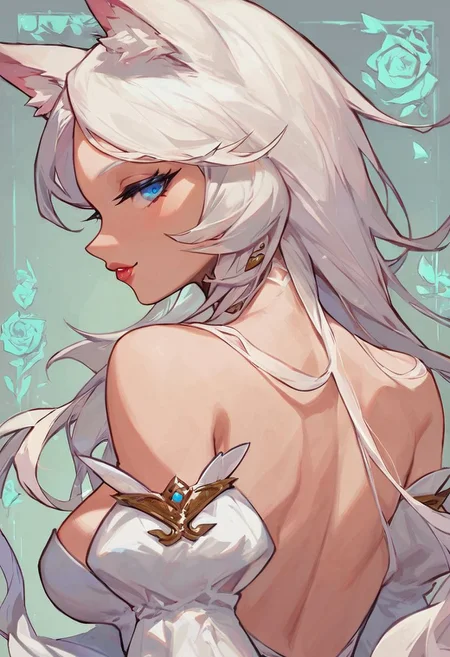 score_9, score_8_up, score_8, medium breasts, (curvy), wolf ears, white hair, blue eyes, pale white girl, bouncy white hair, she is dressed in a long white dress adorned with intricate lace patterns that cascade down her body, the dress contrasts beautifully with the muted colors of the room, drawing attention to her figure. bedroom eyes, looking at viewer, heart shaped lips, upper body, portrait, bare shoulder, back to viewer, turning,