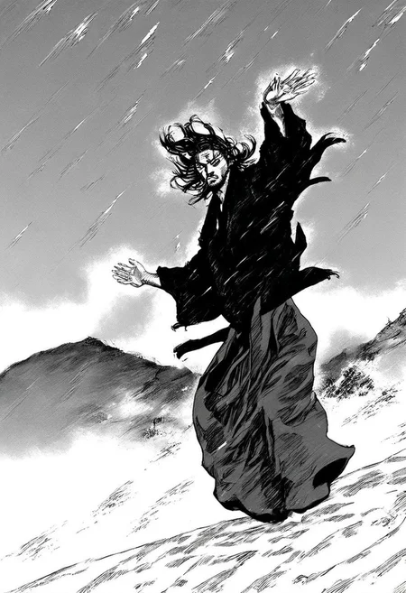 Vagabond, full-body view of Miyamoto Musashi standing on a snowy mountain path, hands raised, fingers spread, back of hands forward, wind blowing his robe.