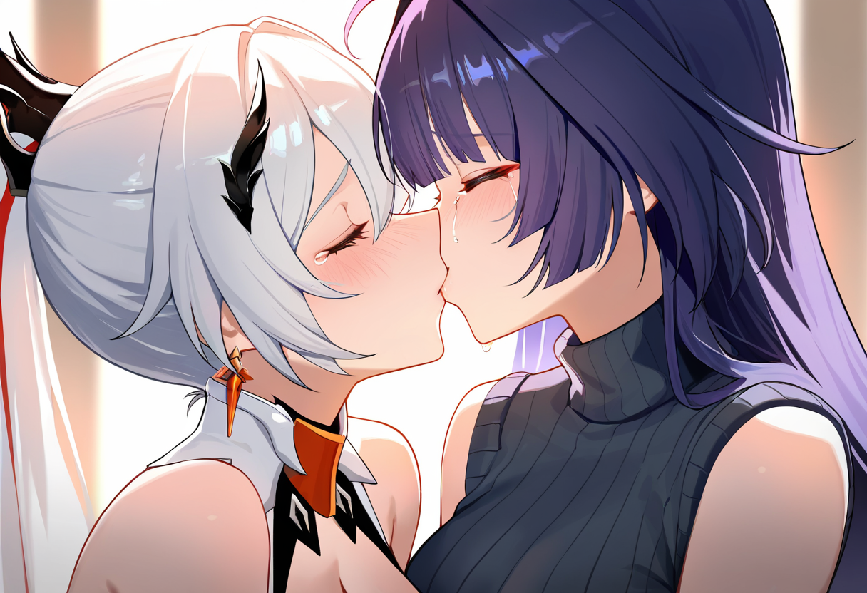 (very awa,masterpiece,best quality,year 2024,newest,highres,absurdres:1),
kiana kaslana \(herrscher of flamescion\),raiden mei,kiss,happy tears,portrait,yuri,last kiss,sad end,sunlight,