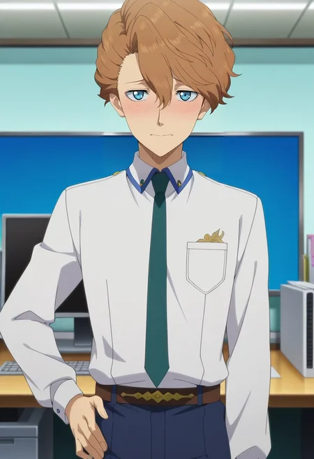 masterpiece, best quality, intricate details, anime screencap, , official style, looking at viewer, 1boy, solo, male focus, <lora:langris_vaude_ilxl:0.9>, langris_vaude, brown hair, blue eyes, short hair, hair between eyes, , close-up, office, computers, noon, hand on hip, shy, blush,