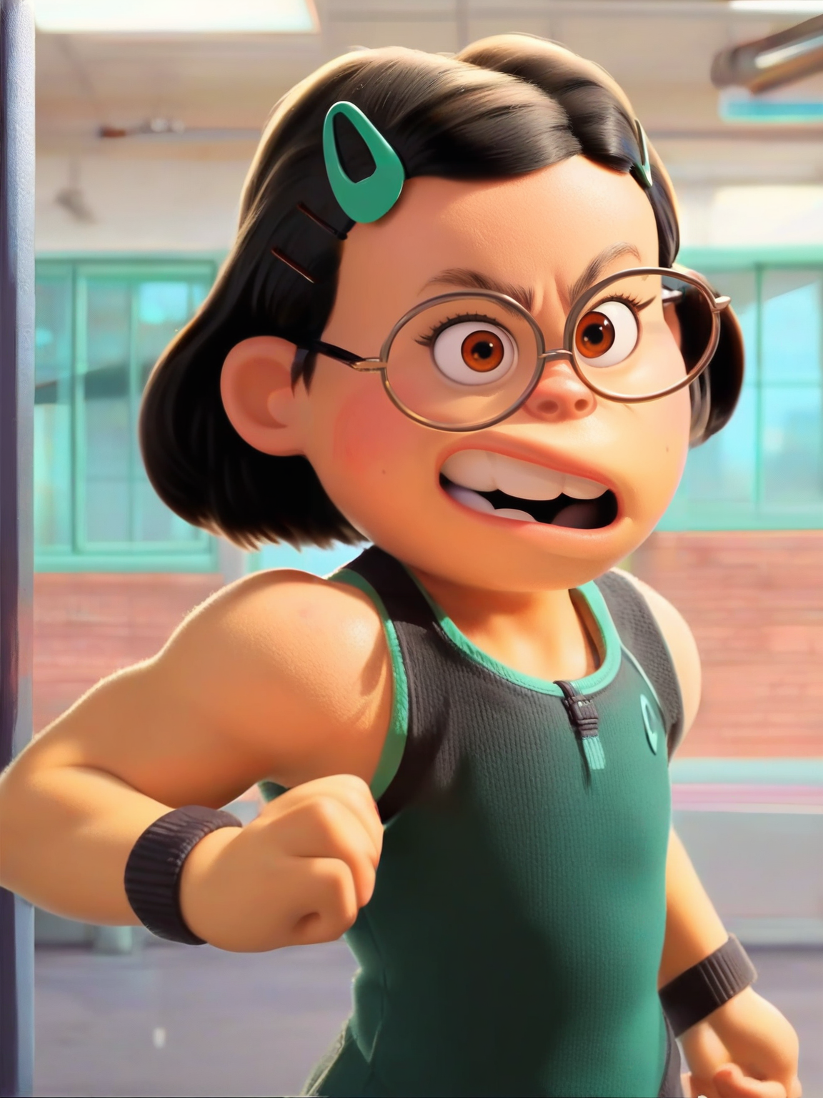<lora:Mai_lee:0.9> m_l, 1girl, small body,  brown eyes, short hair, black hair, glasses, mint hairpin,    black fitness outfit, muscular body, score_9, score_8_up, score_7_up,