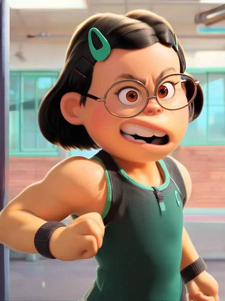 <lora:Mai_lee:0.9> m_l, 1girl, small body, brown eyes, short hair, black hair, glasses, mint hairpin, black fitness outfit, muscular body, score_9, score_8_up, score_7_up,