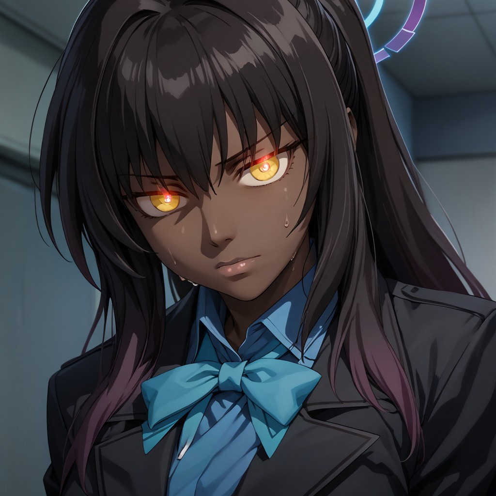 source_anime, colorful, score_9, score_7_up, 1girl, , C0NTR4CT0R, (1girl), rating_explicit, (Karin_(Blue Archive)), (dark-skinned_female:1.2), 1girl, (yellow eyes), shiny skin, sweat, urushihara_satoshi, (red_pupils), glowing, glowing eyes, blue aura, fully clothed maidm