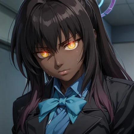 source_anime, colorful, score_9, score_7_up, 1girl, , C0NTR4CT0R, (1girl), rating_explicit, (Karin_(Blue Archive)), (dark-skinned_female:1.2), 1girl, (yellow eyes), shiny skin, sweat, urushihara_satoshi, (red_pupils), glowing, glowing eyes, blue aura, fully clothed maidm