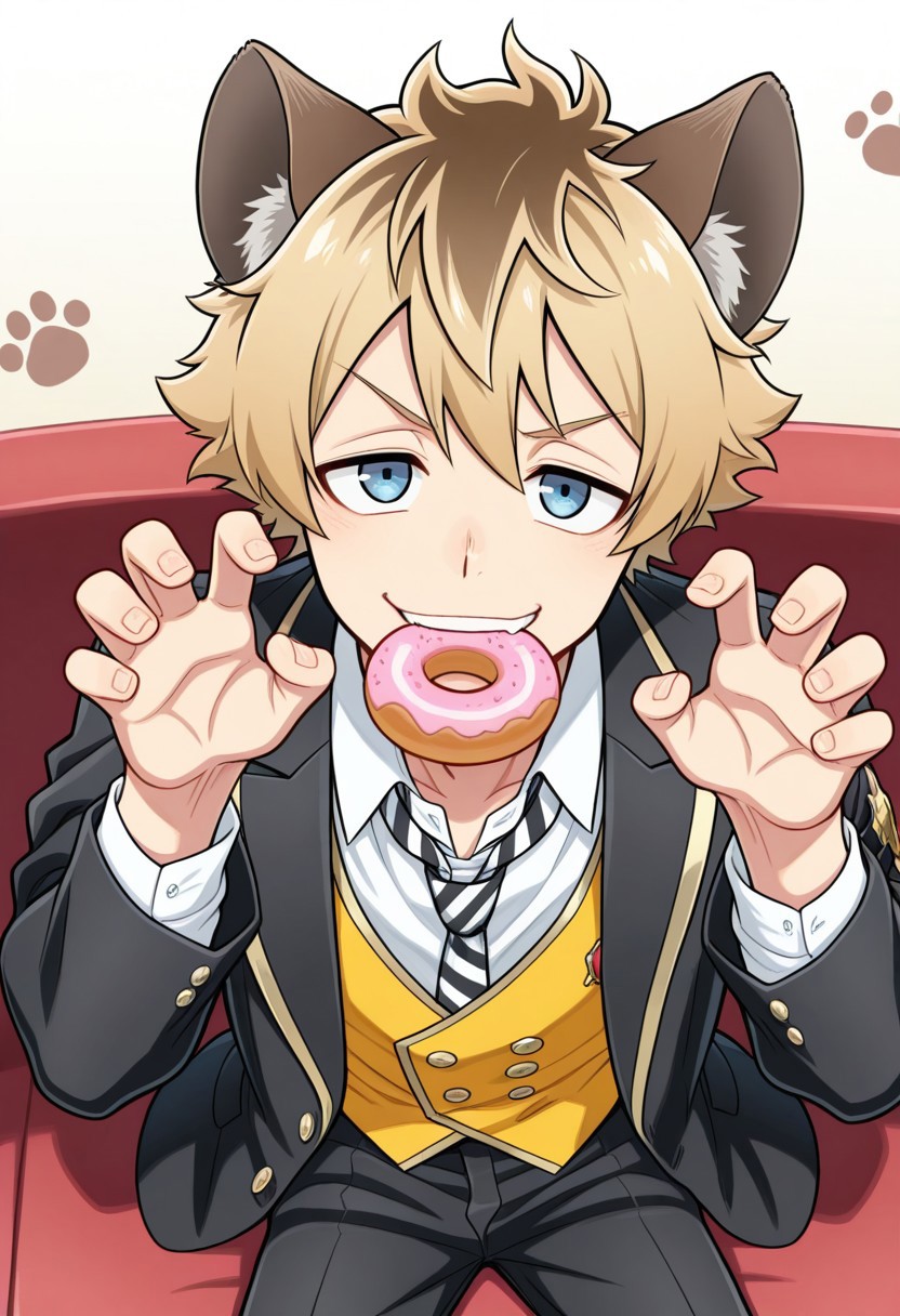 masterpiece,best quality,amazing quality, source_anime,
RuggieBucchi, 1boy, male focus, animal ears, food, blue eyes, doughnut, solo, smile, looking at viewer, holding food, mouth hold, paw print, sitting, white shirt, claw pose, long sleeves, blonde hair, school uniform, shirt, white shirt, collared shirt, necktie, striped necktie, black and white necktie, vest, yellow vest, jacket, blazer, black jacket, open jacket,
