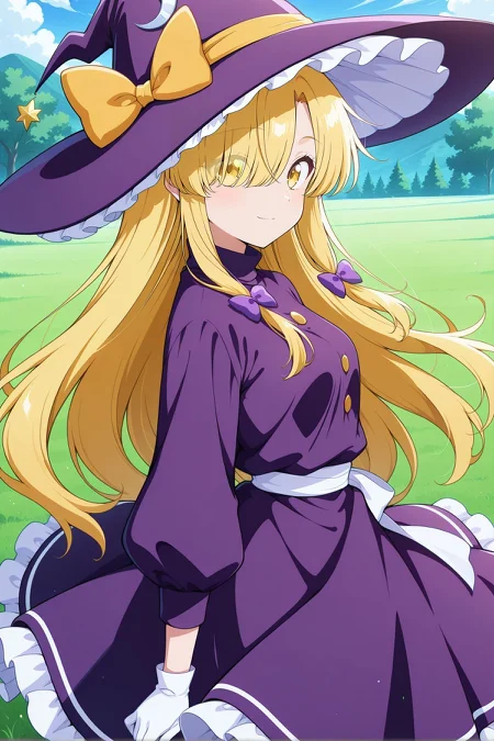 absurdres, highres, masterpiece, best quality, amazing quality, official anime artwork, screencap, anime screencap, outdoors, looking at viewer, light smile, from the side, dynamic pose,
<lora:Marisa-Kirisame-PC98_Illustrious:1> Marisa98, 1girl, solo, yellow eyes, blonde hair hair, long hair, hair over one eye, sidelocks, small breasts,, witch hat, purple hat, hat bow, yellow bow, hat ornament, frilled hat, crescent hat ornament, hair ribbon, purple ribbon, purple turtleneck, purple dress, frilled skirt, puffy long sleeves, yellow buttons, white gloves, white sash,